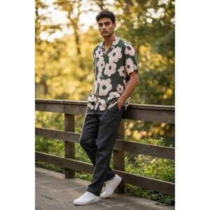 Denim‎ & Flower Ricky Singh Men's M Hawaiian Button Down Shirt Green/Cream